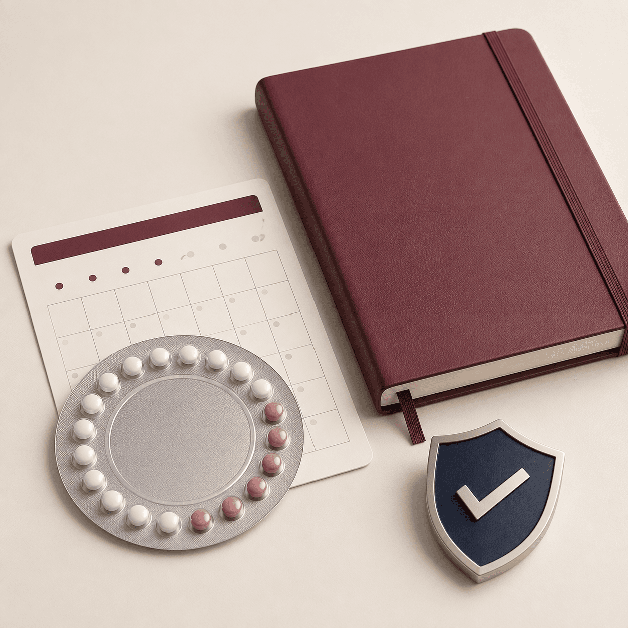 Unbranded pill pack with a calendar, notebook, and protective shield