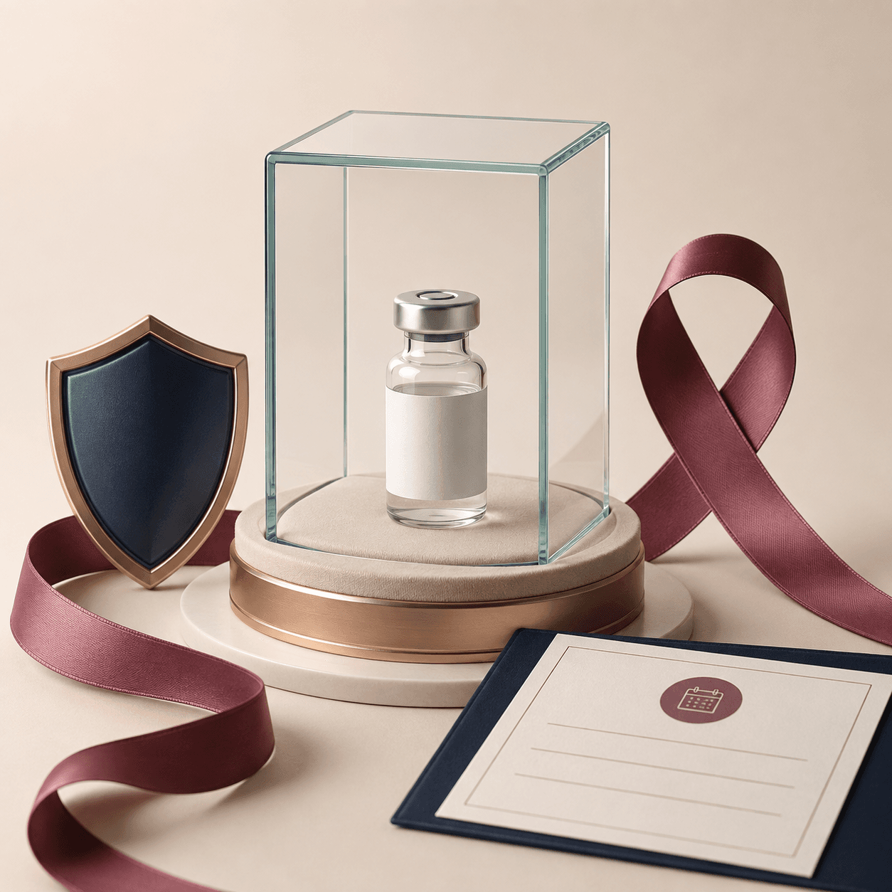 Sealed vaccine vial with an awareness ribbon, shield, and appointment card