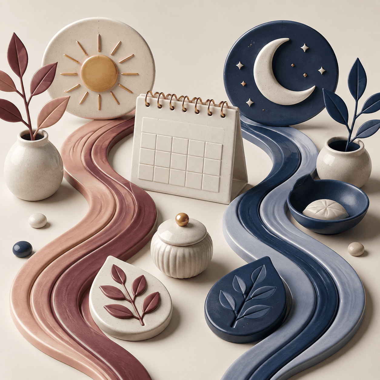 Abstract wellness pathways with a calendar and day-and-night symbols