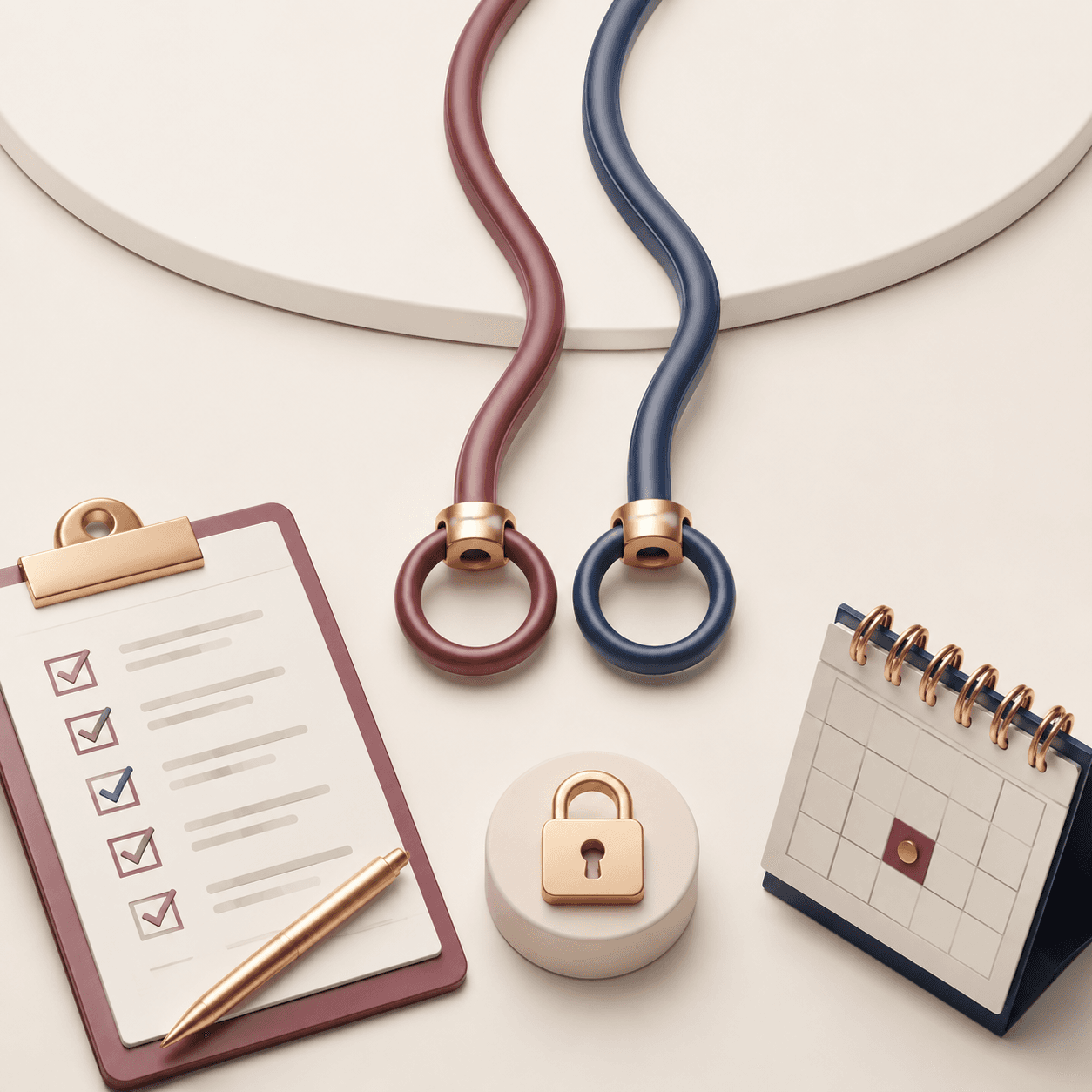 Abstract closed pathways with a consultation checklist, calendar, and lock